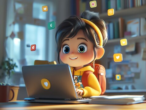 Cute cartoon girl using a laptop computer with social media icons floating around her.