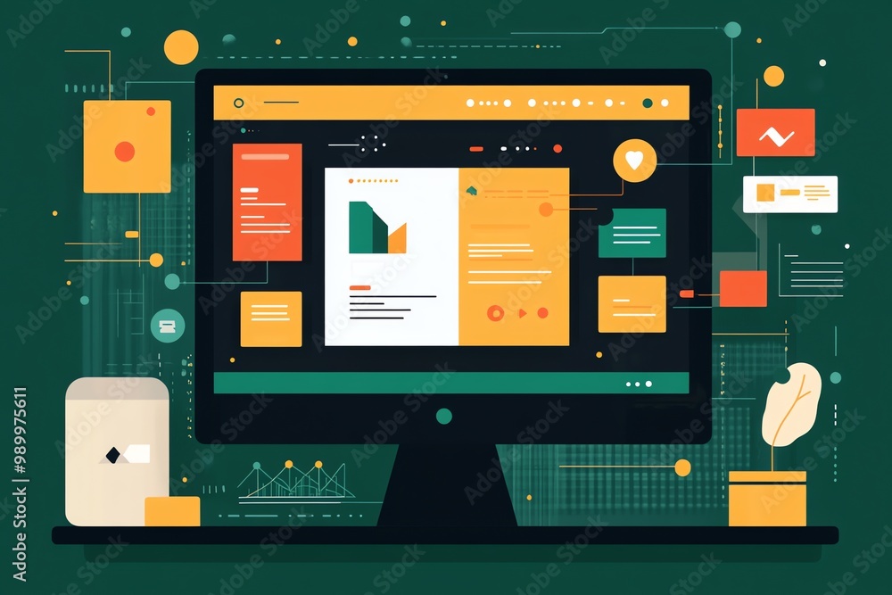 Poster desktop computer with an open web browser displaying graphs, charts, and icons.