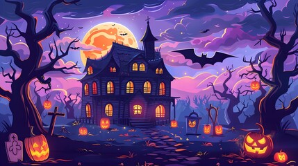 "Spooky Halloween Night with Tombstones and Witch – Vector Art"
