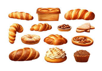 Set of various sweet breads Slices and bakery or pastries, isolated cartoon vector set of bakery products translucent background	