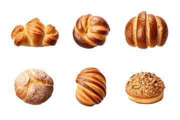 Set of various sweet breads Slices and bakery or pastries, isolated cartoon vector set of bakery products translucent background	