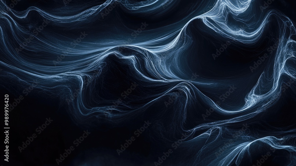 Poster dark abstract waves curling in a shadowy void, illuminated with faint glowing edges.