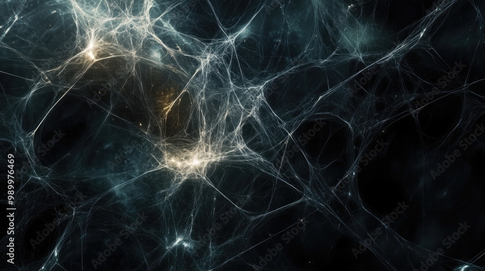 Poster dark abstract web of lines stretching through shadowy space, illuminated by glowing hints.