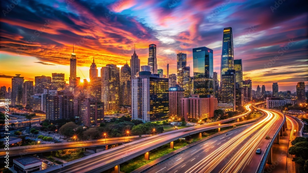 Poster speeding through a cityscape at dusk with vibrant lights and blurred motion creating dynamic energy