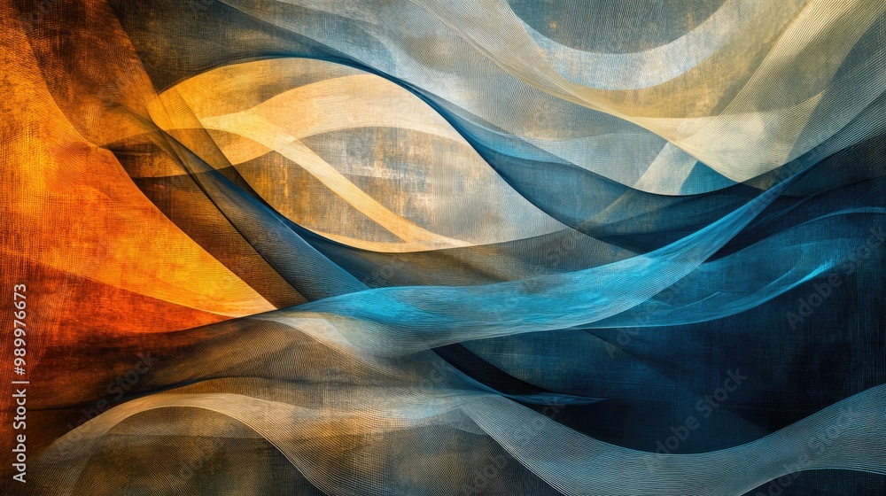 Poster dynamic abstract lines in a flowing, organic pattern over a textured backdrop.