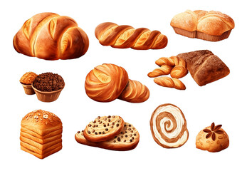 Set of various sweet breads Slices and bakery or pastries, isolated cartoon vector set of bakery products translucent background	
