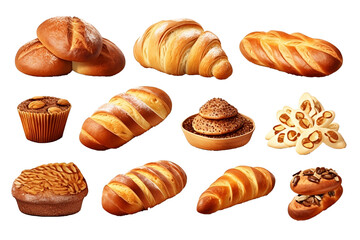 Set of various sweet breads Slices and bakery or pastries, isolated cartoon vector set of bakery products translucent background	