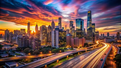 Fototapeta premium Speeding through a cityscape at dusk with vibrant lights and blurred motion creating dynamic energy