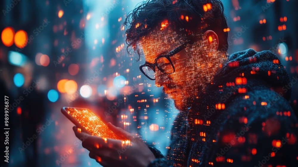 Poster man with digital overlay in urban setting