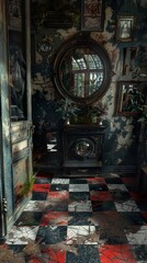 Obraz premium Vintage Interior Design with Worn Tiled Floor and Antique Mirror