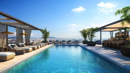 Obraz premium Luxurious rooftop pool area with a poolside bar, shaded loungers, and incredible city views