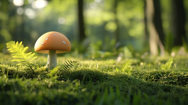 A breathtaking CG rendering capturing a lush green grass background in spring, enhanced by a dreamy blur that envelops the entire scene. The ground is adorned with soft moss, 