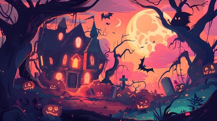 "Eerie Halloween Night with Witch, Tombstones, and Haunted House – Vector"
