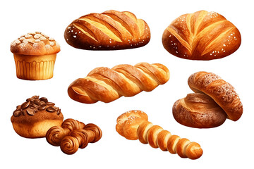 Set of various sweet breads Slices and bakery or pastries, isolated cartoon vector set of bakery products translucent background	