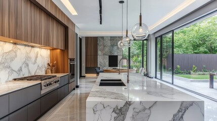 Modern kitchen with a large island, marble countertops, and hanging pendant lights.