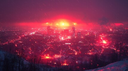 Obraz premium Red Cityscape at Night with Star Trails and Snow