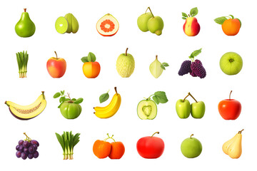 Set of different fresh vegetables and fruits isolated on transparent background	