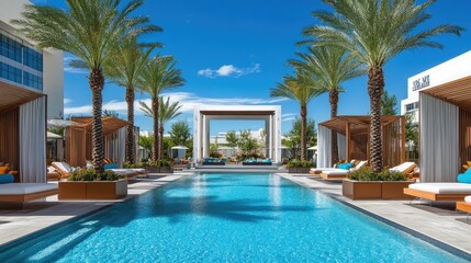 Fototapeta premium Modern pool area at a high-end hotel with cabanas, palm trees, and bright blue water