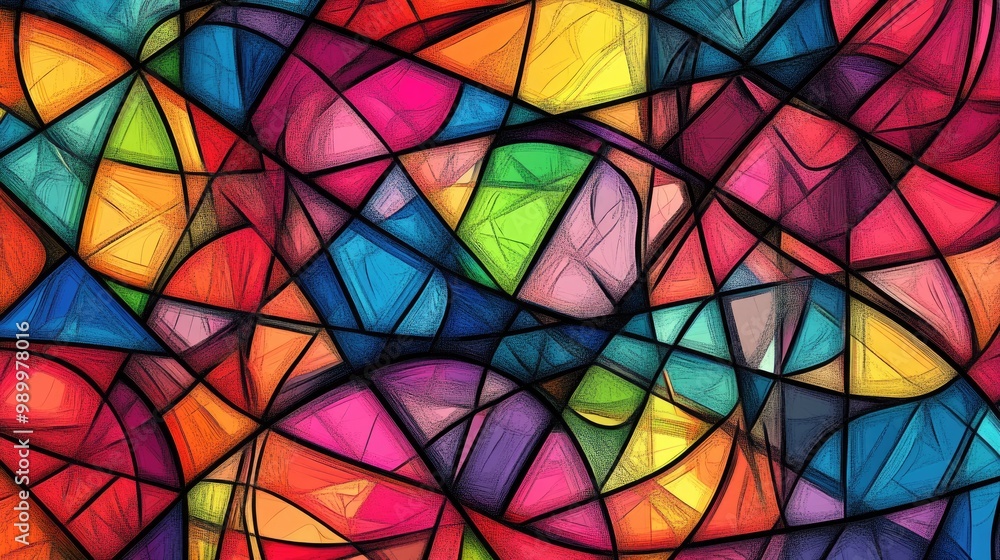 Poster multicolored abstract lines forming a chaotic yet balanced pattern of intersecting shapes.