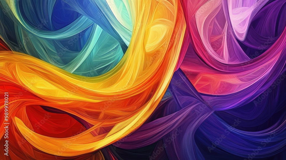 Poster multicolored abstract lines curving and intertwining, creating a vibrant, energetic pattern.