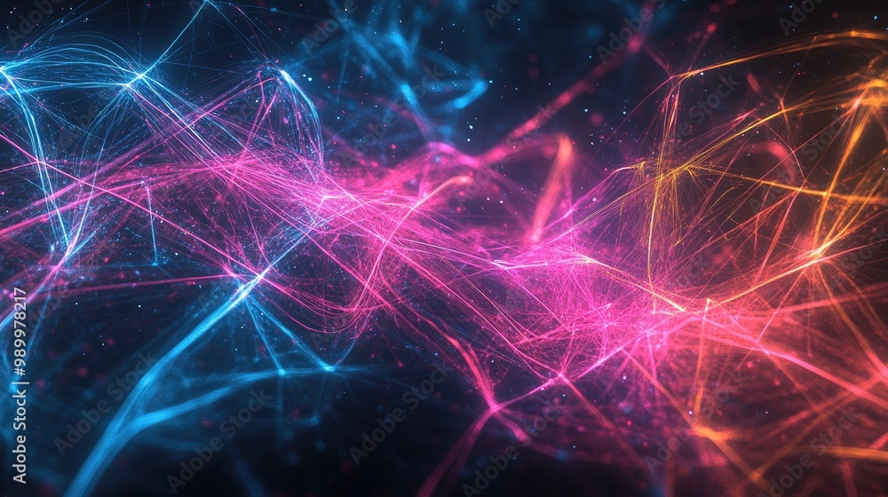 Poster neon abstract lines intertwining, creating a glowing web-like structure against a black background.