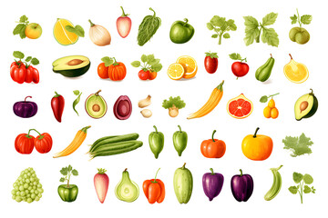 Set of different fresh vegetables and fruits isolated on transparent background	