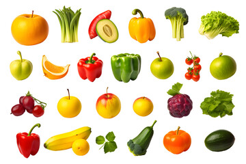 Set of different fresh vegetables and fruits isolated on transparent background	