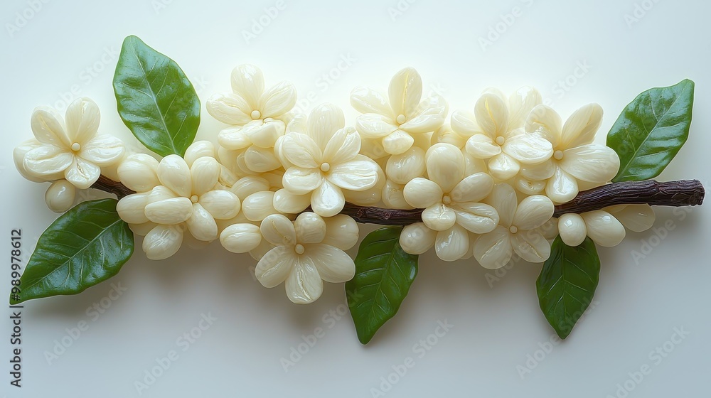 Wall mural white flower branch with green leaves on white background