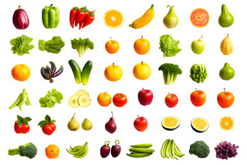Set of different fresh vegetables and fruits isolated on transparent background	