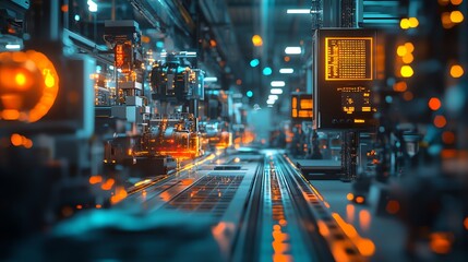 Futuristic factory interior with orange lights, machinery and conveyor belt.