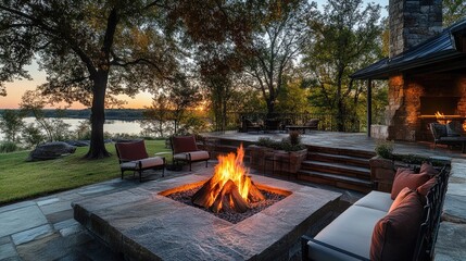 Outdoor fireplace with a large firepit, cozy seating, and trees surrounding the area.