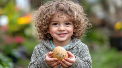 joyful child holding an easter egg picked from the garden during a fun spring egg hunt celebrating the holiday with a cheerful smile and colorful eggs in a festive outdoor family event
