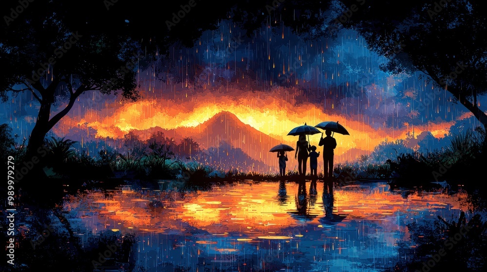 Sticker Family Silhouettes Under Umbrellas in Rainy Landscape with Vivid Sunset