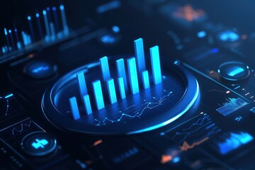 3d icon of blue graph, with bar chart and line graphs on it, in circular shape, with data visualization
