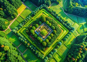 Stunning Aerial View of a Geometric Quadrangle Formation Surrounded by Lush Green Landscapes