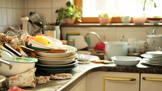 Cluttered Kitchen Sink with Dirty Dishes
