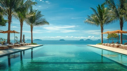 Fototapeta premium Outdoor pool area at a beachside resort with palm trees and a crystal-clear pool.