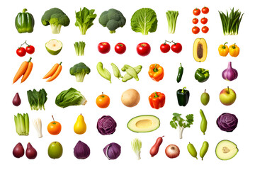 Set of different fresh vegetables and fruits isolated on transparent background	