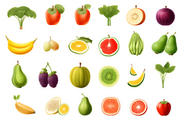 Set of different fresh vegetables and fruits isolated on transparent background	