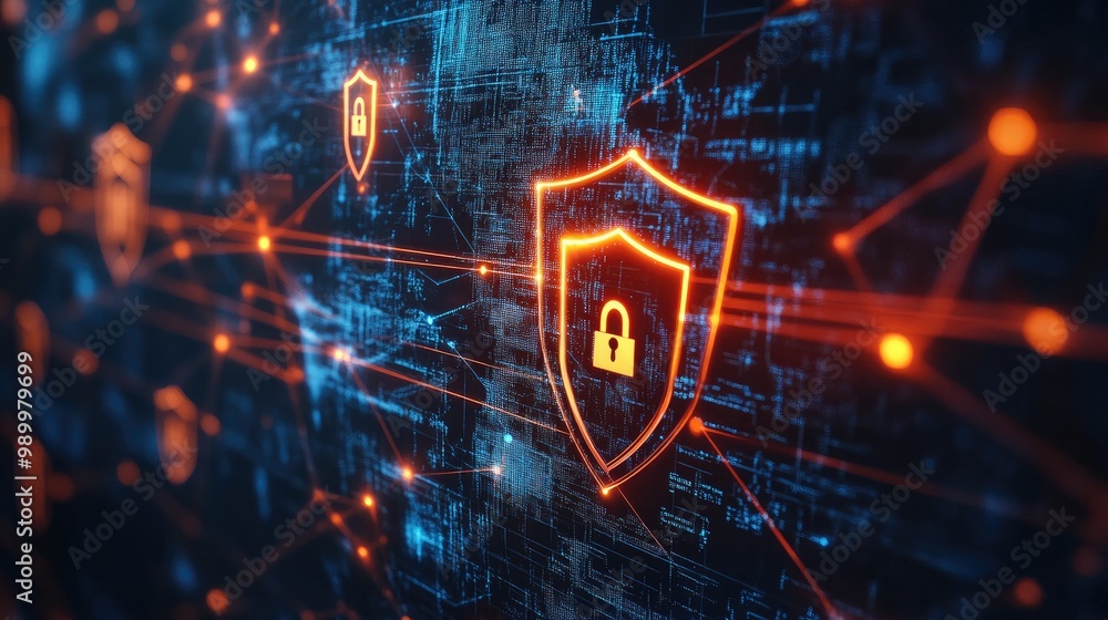 Poster padlock and shield icons with glowing network lines symbolizing data protection in cyberspace