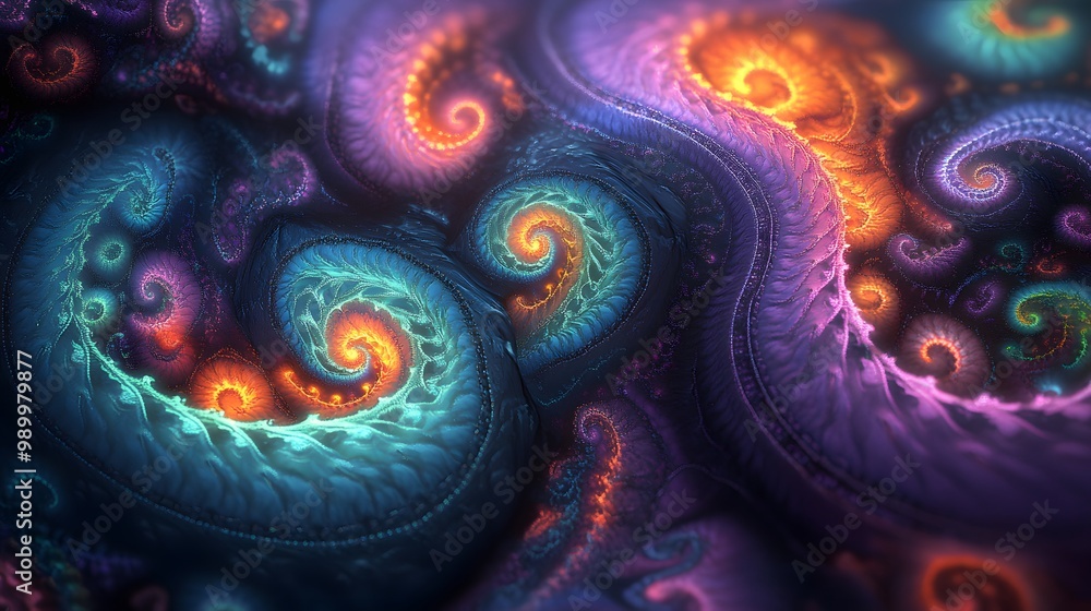 Poster 1. an abstract neon fractal design fills the canvas with vibrant colors, featuring intricate swirlin