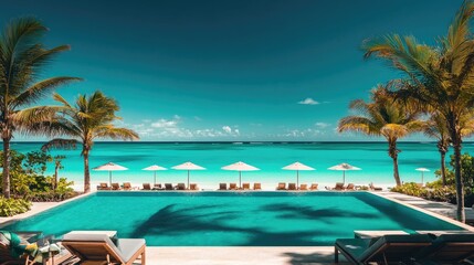 Fototapeta premium Pool area at a beachfront resort, featuring sun loungers, umbrellas, and turquoise waters.