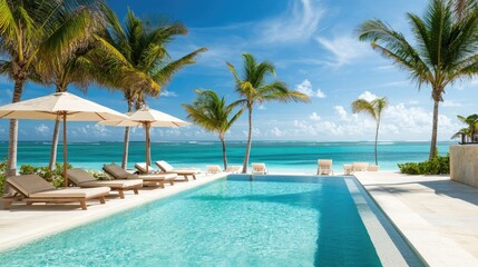 Fototapeta premium Pool area at a beachfront resort, featuring sun loungers, umbrellas, and turquoise waters.