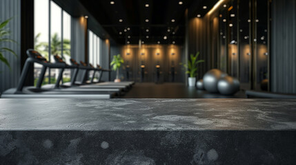 Tabletop in the gym for product presentation. Black empty concrete countertop mockup for sports nutrition