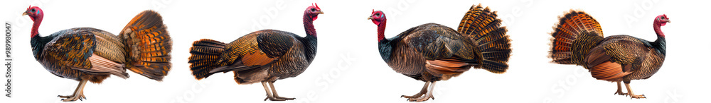 Poster four turkeys are shown in row, each displaying vibrant plumage and distinctive red heads. image capt