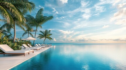 Pool area at a luxury resort with an infinity pool and panoramic views of the horizon