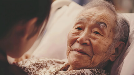 respectful close up photo of elderly Japanese man, showcasing his warm smile and wise expression. image captures moment of connection and tenderness