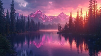 Pink Sunset Reflection on Mountain Lake with Pine Trees