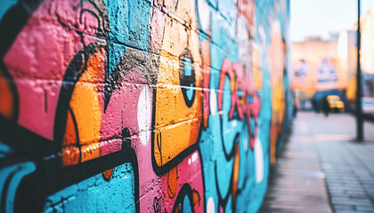 Obraz premium A graffiti-covered urban wall, showcasing vibrant colors, bold lines, and an edgy, artistic vibe