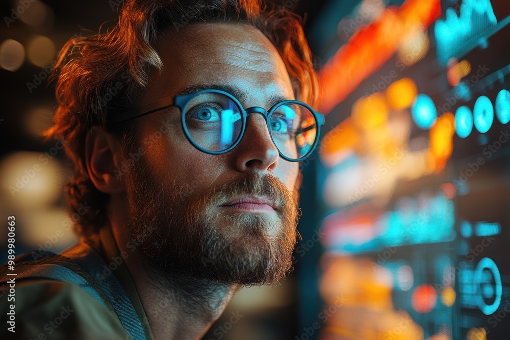 Poster man looking at data screen